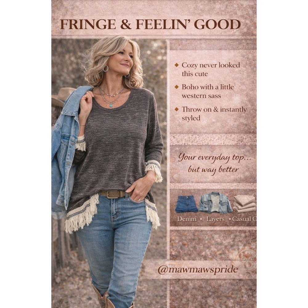 Fringe Hem Boho Top 18/20W | Cozy Knit Gray | Western Boho Vibes‎
